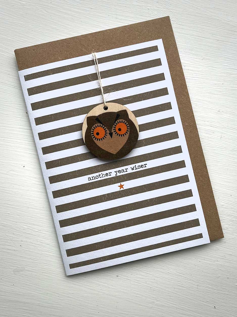 Another Year Wiser Owl Card With Wooden Decoration