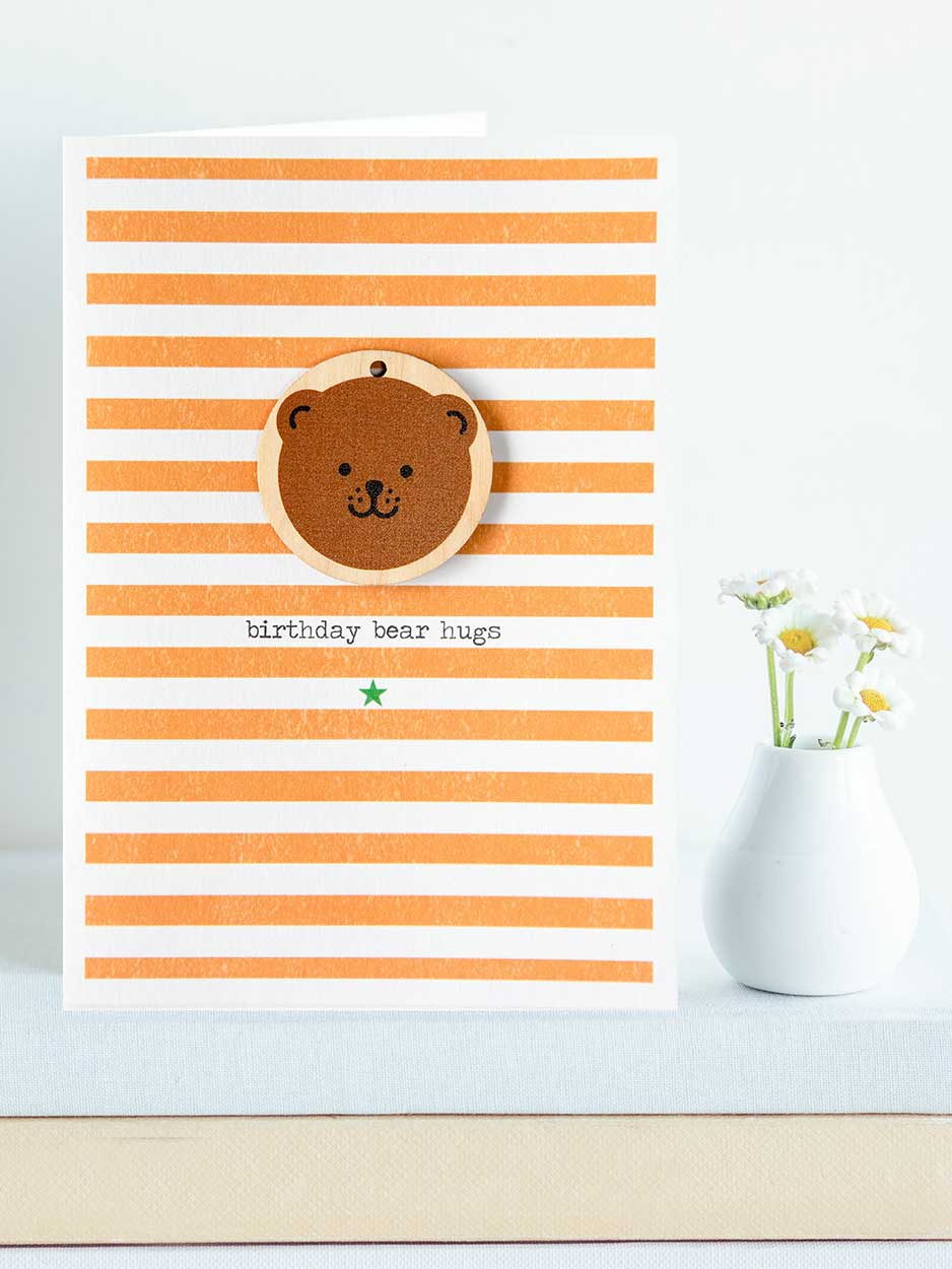 Birthday Bear Hugs Card With Wooden Decoration - Striped