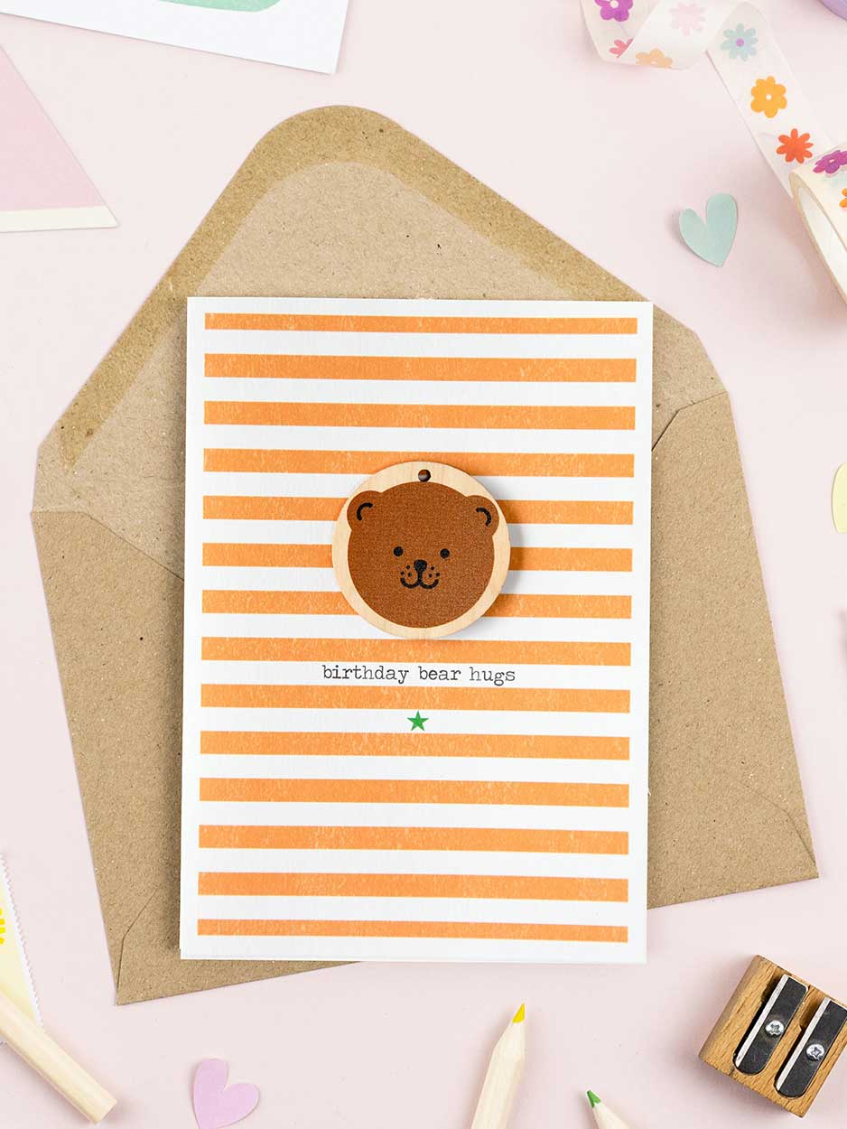 Birthday Bear Hugs Card With Wooden Decoration - Striped - Image 2