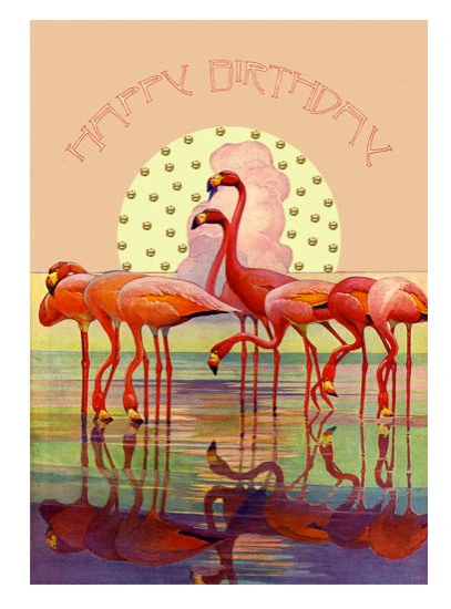 Flamingo Sunset Vintage Style Birthday Card - Blank Greeting Card