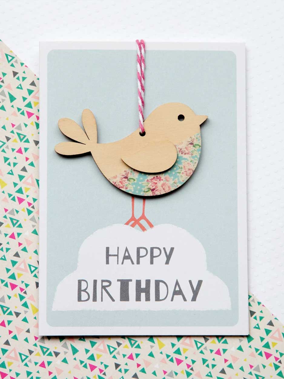 Happy Birthday Card With Bird Wooden Keepsake
