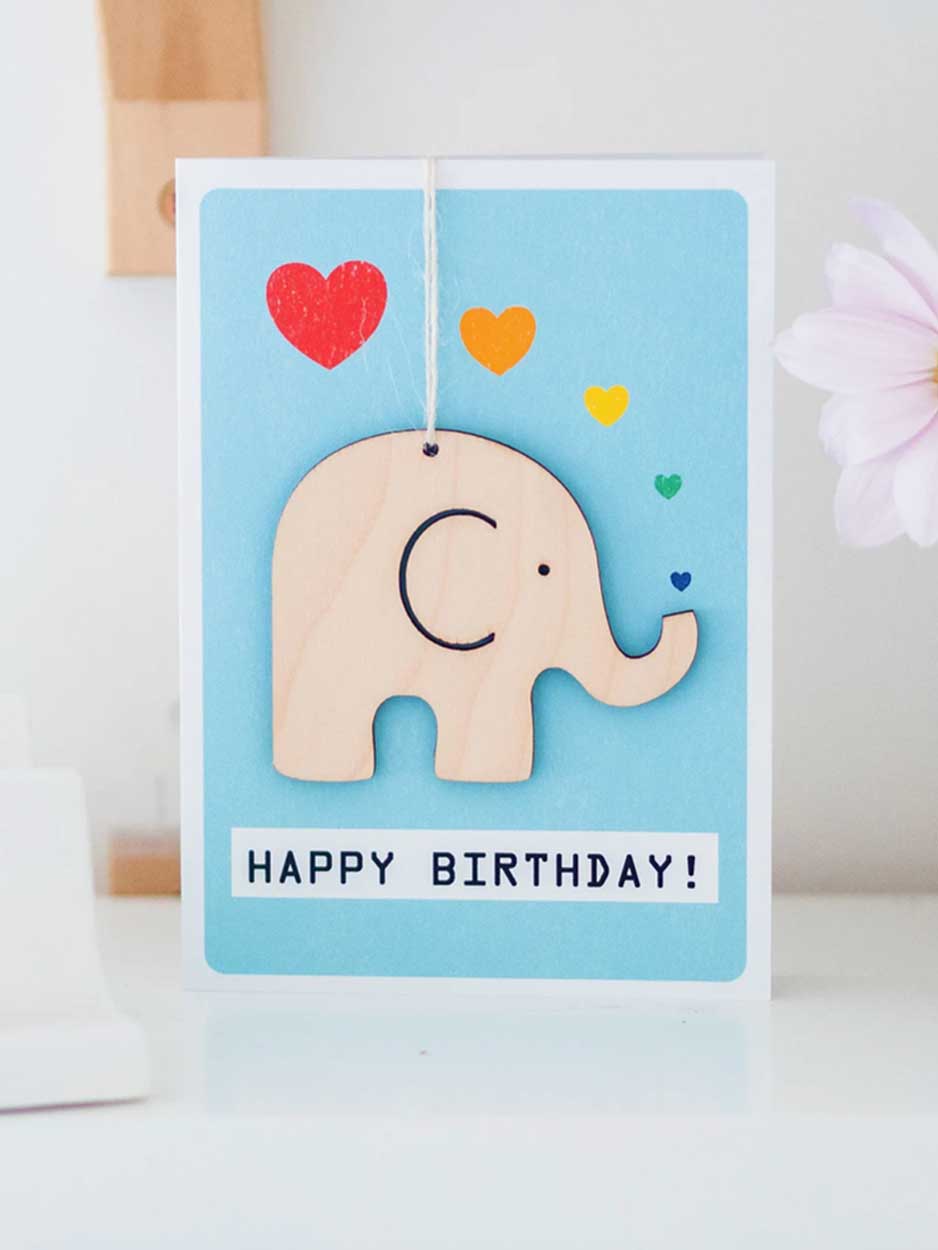 Happy Birthday Card With Elephant Wooden Keepsake