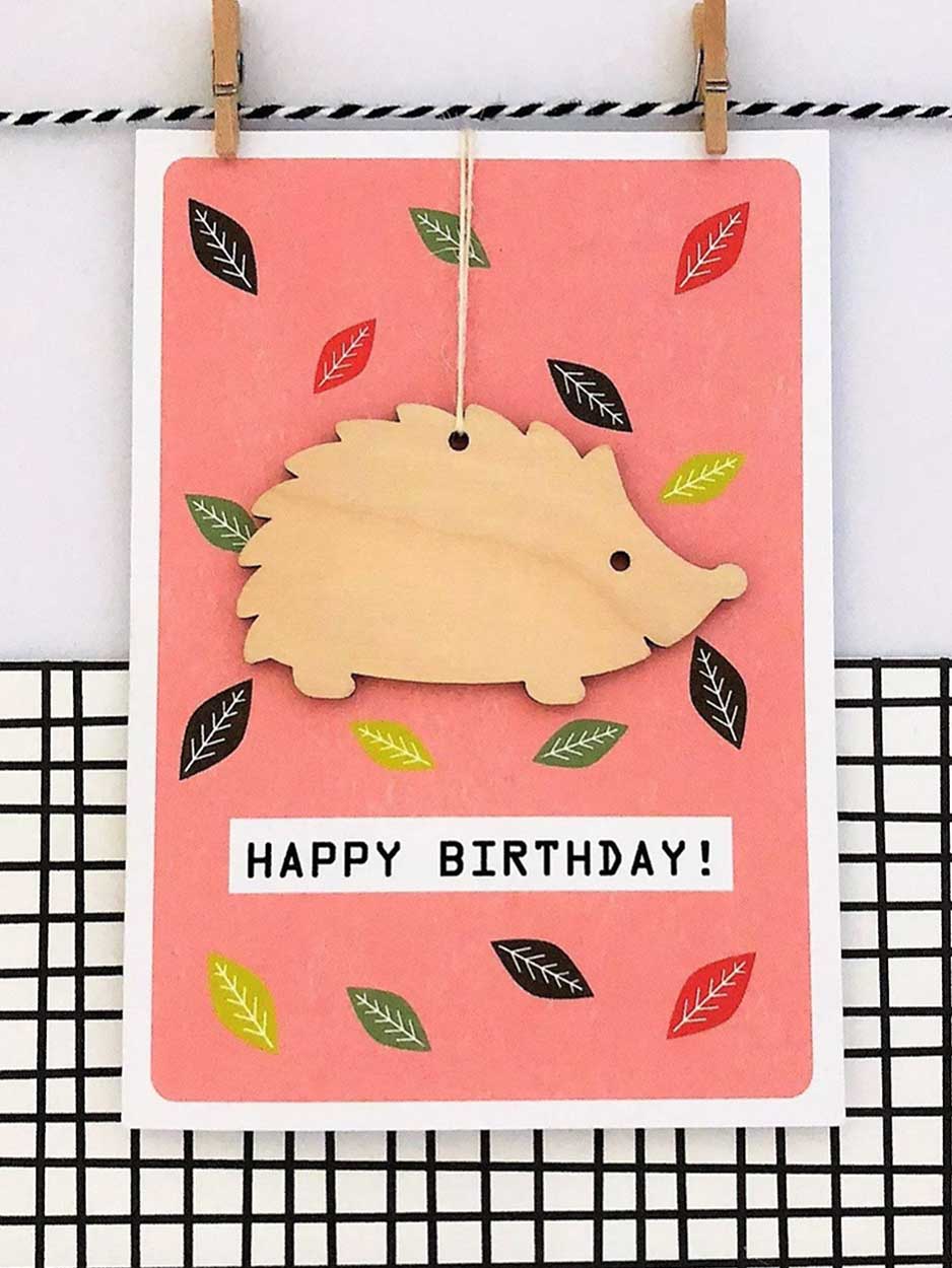 Happy Birthday Card With Hedgehog Wooden Keepsake