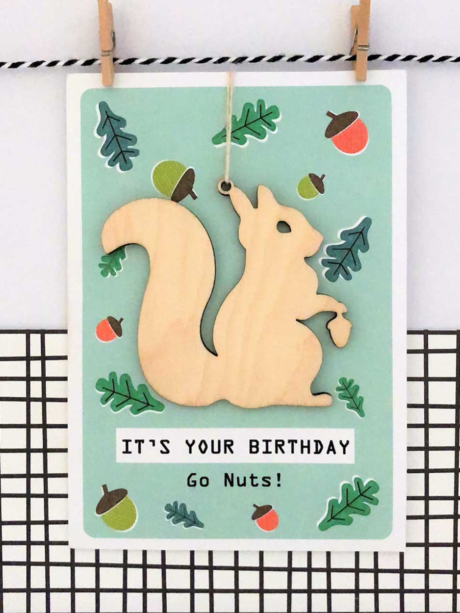 Happy Birthday Card With Squirrel Wooden Keepsake