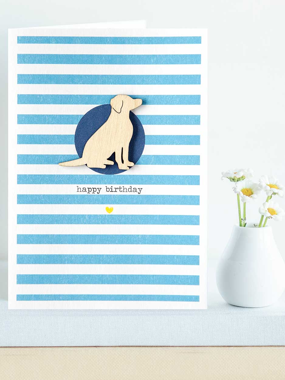 Happy Birthday Card With Wooden Dog Decoration  - Striped