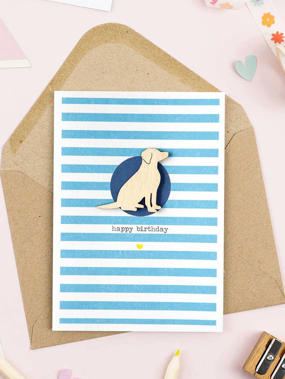 Happy Birthday Card With Wooden Dog Decoration  - Striped - Image 2