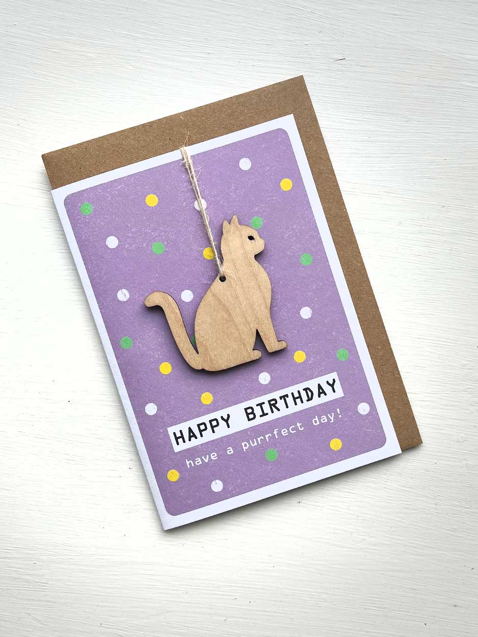 Have a Purrfect Birthday - Cat Card With Wooden Decoration