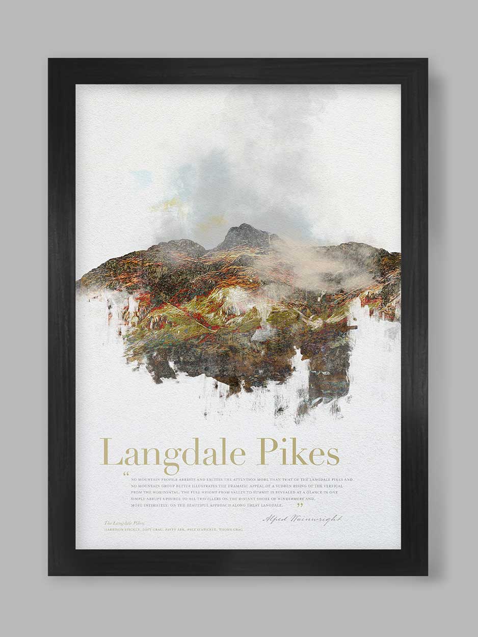 Langdale Pikes in Wainwright's Words - Lake District Poster Print