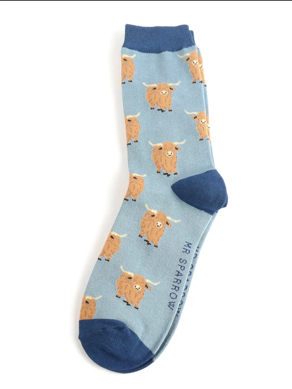 Mr Sparrow Socks - Highland Cows Blue - Image 2